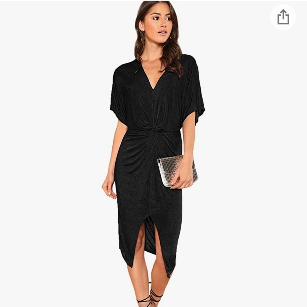 Black V-neck Short Sleeve Midi Dress